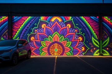 Vibrant Mandala Mural Art on Building Exterior at Night with Parked Car and Urban Atmosphere