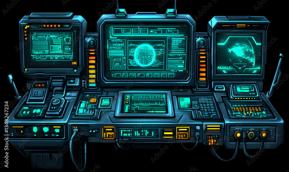 Poster futuristic spaceship control panel with glowing teal interfaces, buttons, and screens displaying dat