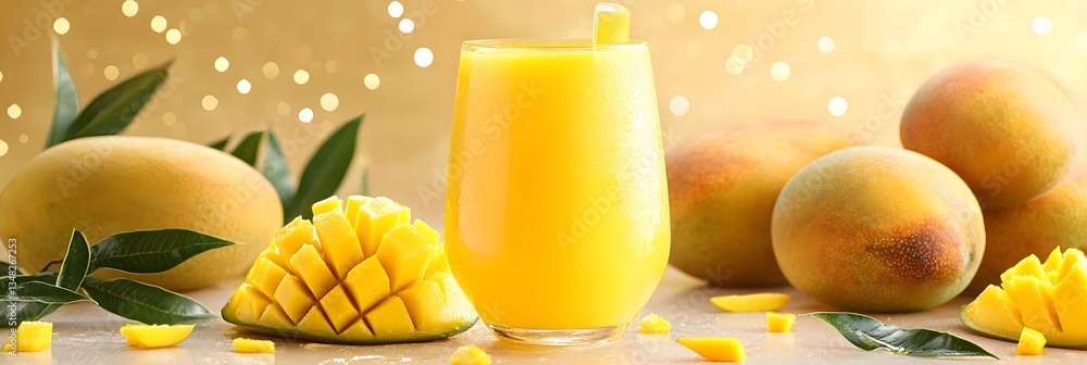 Poster a glass of luscious freshly squeezed mango juice set against a backdrop of vibrant golden light and 