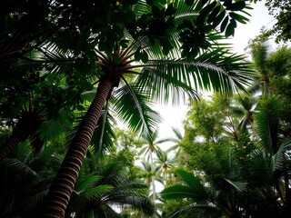 Obraz premium Lush Tropical Palm Trees Sunlight Canopy. AI Generated