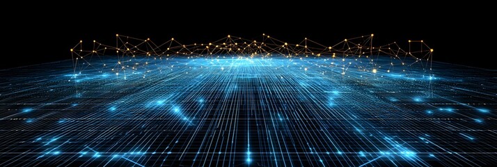 A futuristic tech inspired background with a smooth gradient and a dynamic network of glowing holographic lines creating a sense of depth and interconnectivity