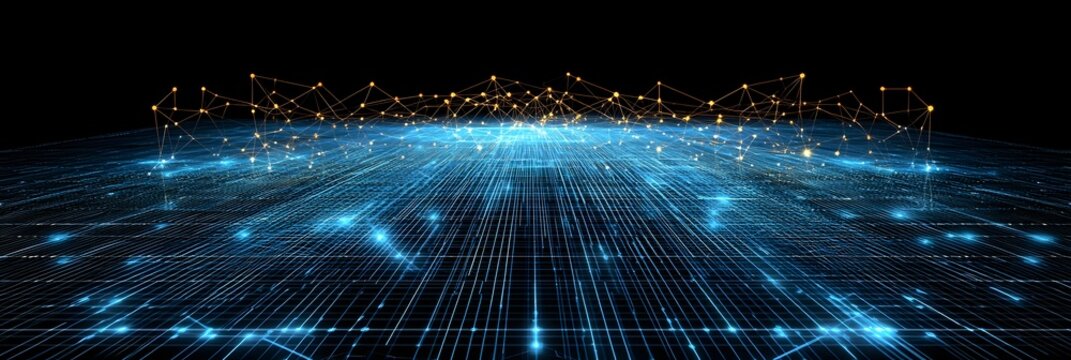 A futuristic tech inspired background with a smooth gradient and a dynamic network of glowing holographic lines creating a sense of depth and interconnectivity