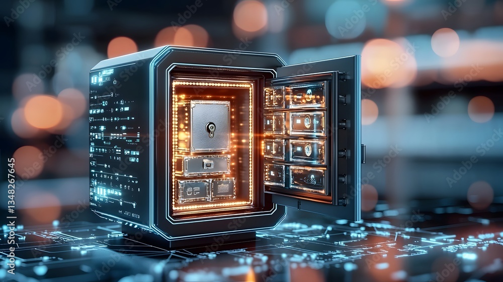 Poster A glowing futuristic safe opening to reveal a secure high tech vault filled with valuable digital assets and confidential information