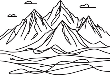 Mountain Range Landscape Continuous Line Art – Black Vector