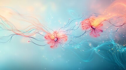 background back ground A vibrant illustration of colorful flowers blending harmoniously with soft, flowing abstract elements, creating a serene and enchanting atmosphere.