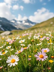 Obraz premium Vibrant wildflowers bloom brightly against majestic snow capped mountains under a sunny sky. AI Generated