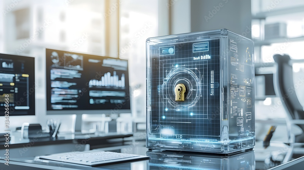 Fototapete A high tech background featuring a digital grid that unlocks a transparent futuristic safe placed on a sleek modern desk suggesting advanced data security and access control technologies