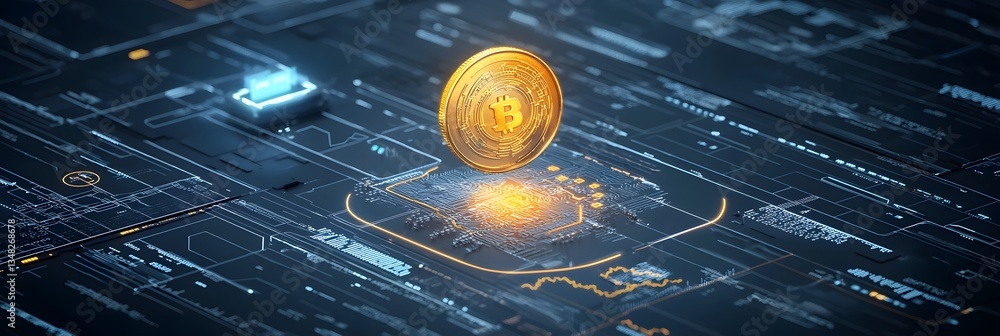 Fototapete a high tech and abstract digital environment featuring a glowing golden cryptocurrency coin hovering