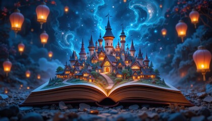 Obraz premium Magical Castle Emerging from Open Book at Night Enchanting Fairytale Scene with Lanterns