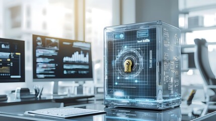 A high tech background featuring a digital grid that unlocks a transparent futuristic safe placed on a sleek modern desk suggesting advanced data security and access control technologies