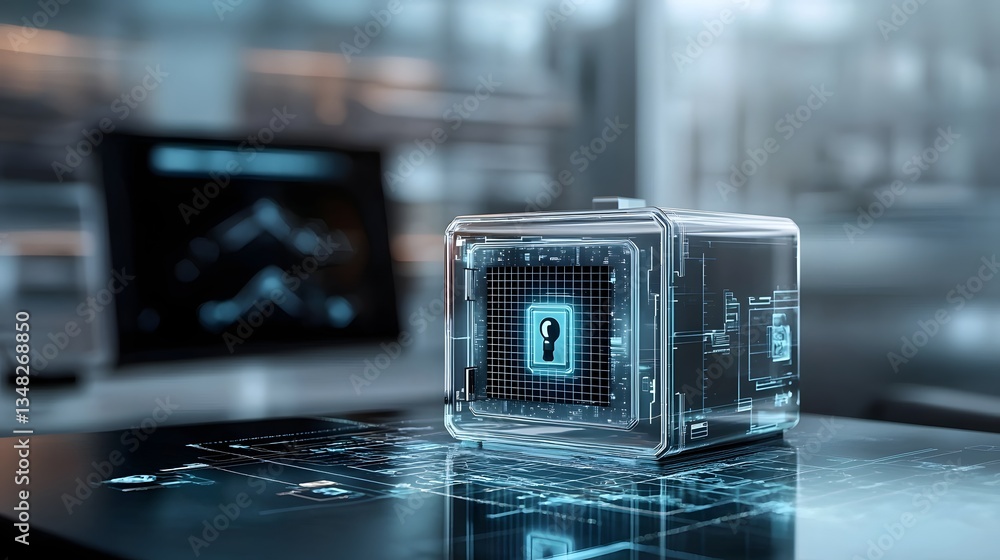 Poster a high tech digital grid background with a transparent futuristic safe unlocking on a sleek modern d