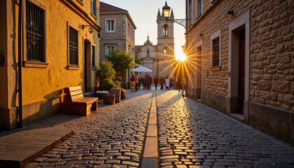 Naklejka premium Sunlight shining on cobblestone path in historic village, warm nostalgia