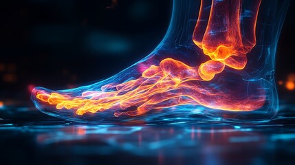 Digital illustration of a human foot with highlighted bones and ligaments against a futuristic blue background