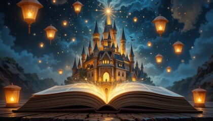 Obraz premium Magical Fairytale Castle Emerging from Open Book with Glowing Lanterns