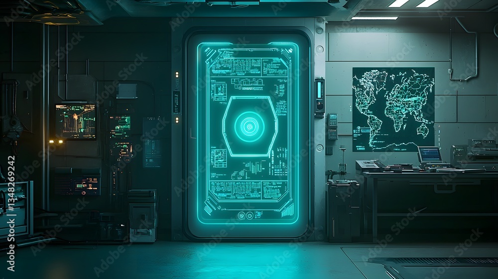 Poster A high tech futuristic vault door with a glowing biometric scanner panel set against a dimly lit industrial interior with various electronic components and interfaces