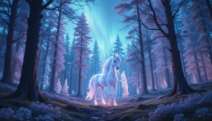 Fototapeta premium Magical Unicorn in an Enchanting Winter Forest at Night Fantasy Art Illustration