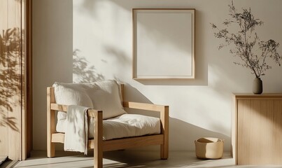 Modern, minimalist living room corner, featuring a wooden armchair, natural light, and a blank canvas