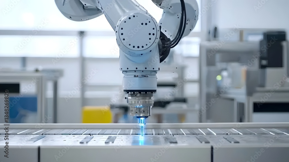 Poster a highly advanced robotic arm carefully executing intricate manufacturing in a high tech fully autom