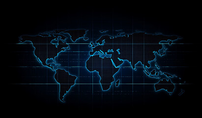 Naklejka premium Glowing Blue World Map on Black Background with Grid Lines