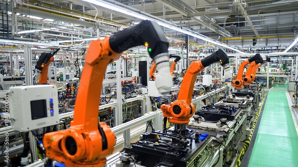 Poster a highly automated factory floor equipped with a network of precision robotic arms and advanced sens