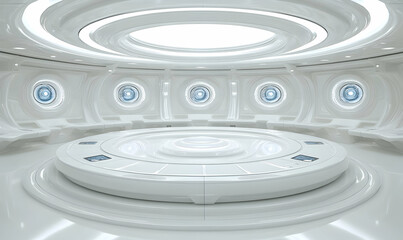 Obraz premium Futuristic white circular room interior design with illuminated panels and central platform; ideal for sci-fi, technology, or modern architecture concepts.