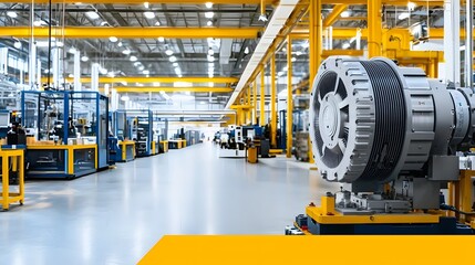 A large industrial factory interior featuring heavy production equipment and an electric motor driving the in a modern automated manufacturing setting