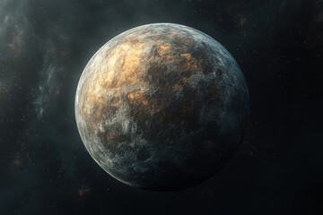 Obraz premium Telescope image of rocky exoplanet with icy, cratered surface and hazy atmosphere