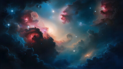 A fantasy depiction of a night sky filled with nebulae, stars, and a glowing ambiance, rendered with intricate and elegant details.