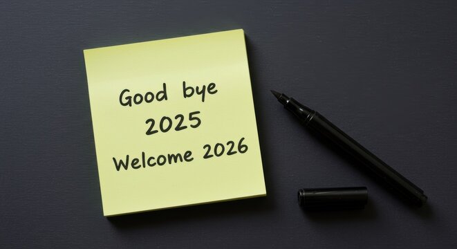 Goodbye 2025 Welcome 2026 New Year Note on Yellow Sticky Pad