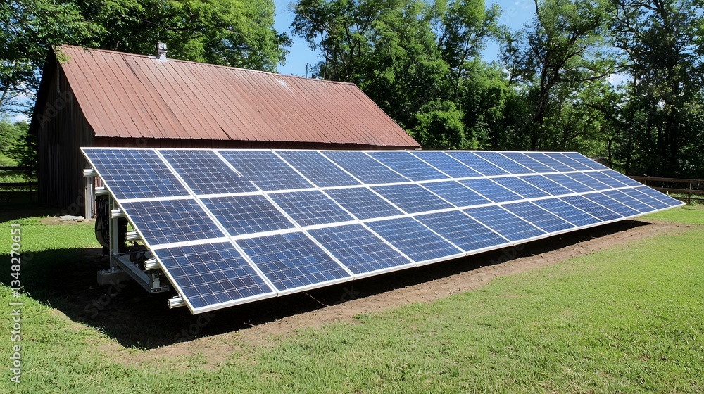 Poster a large scale solar farm with numerous rows of photovoltaic panels installed in a lush rural setting