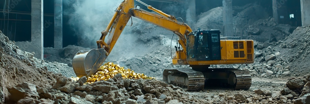 Poster a large yellow excavator digs into the earth moving rocks and debris at an active mining and constru