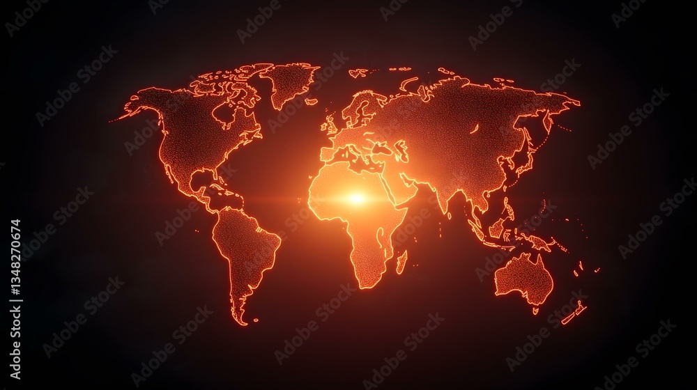 Poster the image shows a world map rendered in an orange, glowing, particle effect, with a brighter light s