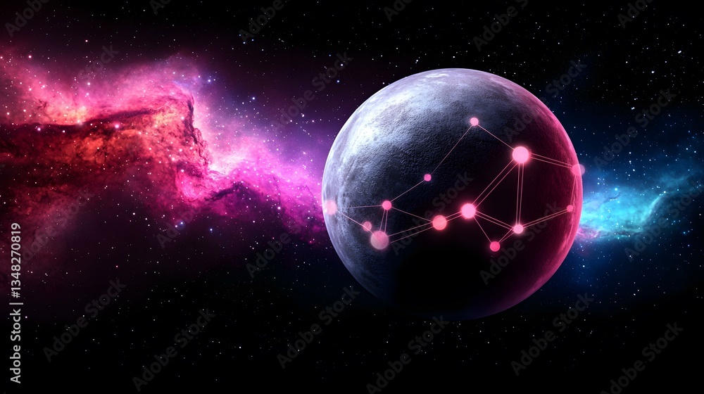 Poster a dark, cratered planet is shown in space against a backdrop of pink and blue nebulae. glowing pink 
