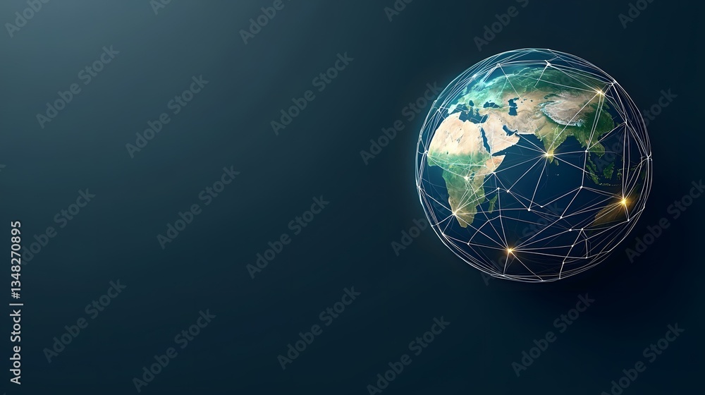 Aufkleber the image contains a dark-blue background with a digitally rendered globe overlaid with a network of