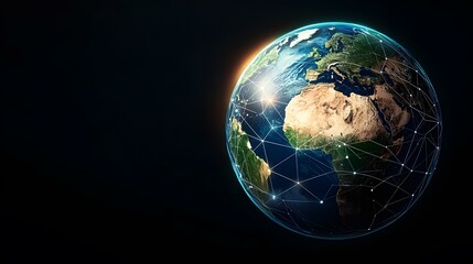 Fototapeta premium The image shows a detailed rendering of planet Earth, illuminated from the side, with a network of interconnected lines and nodes superimposed on its surface, representing global communication or con