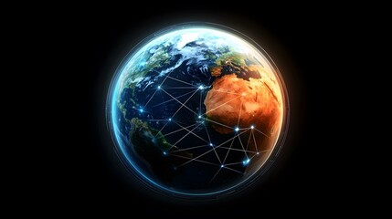 The image shows a digitally enhanced representation of planet Earth, enveloped by a glowing ring and interconnected by a network of luminous lines, suggesting global connectivity.