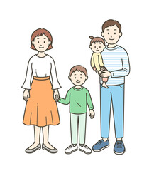 若い4人家族が集合した全身イラスト
