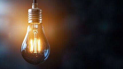 Glowing Lightbulb Hanging Against Dark Background