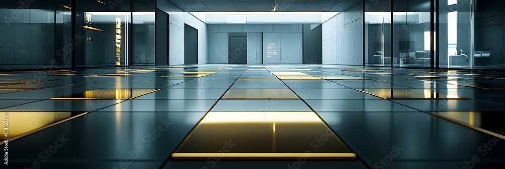 Poster a modern minimalist interior with a symmetrical layout featuring polished gold bars that reflect the