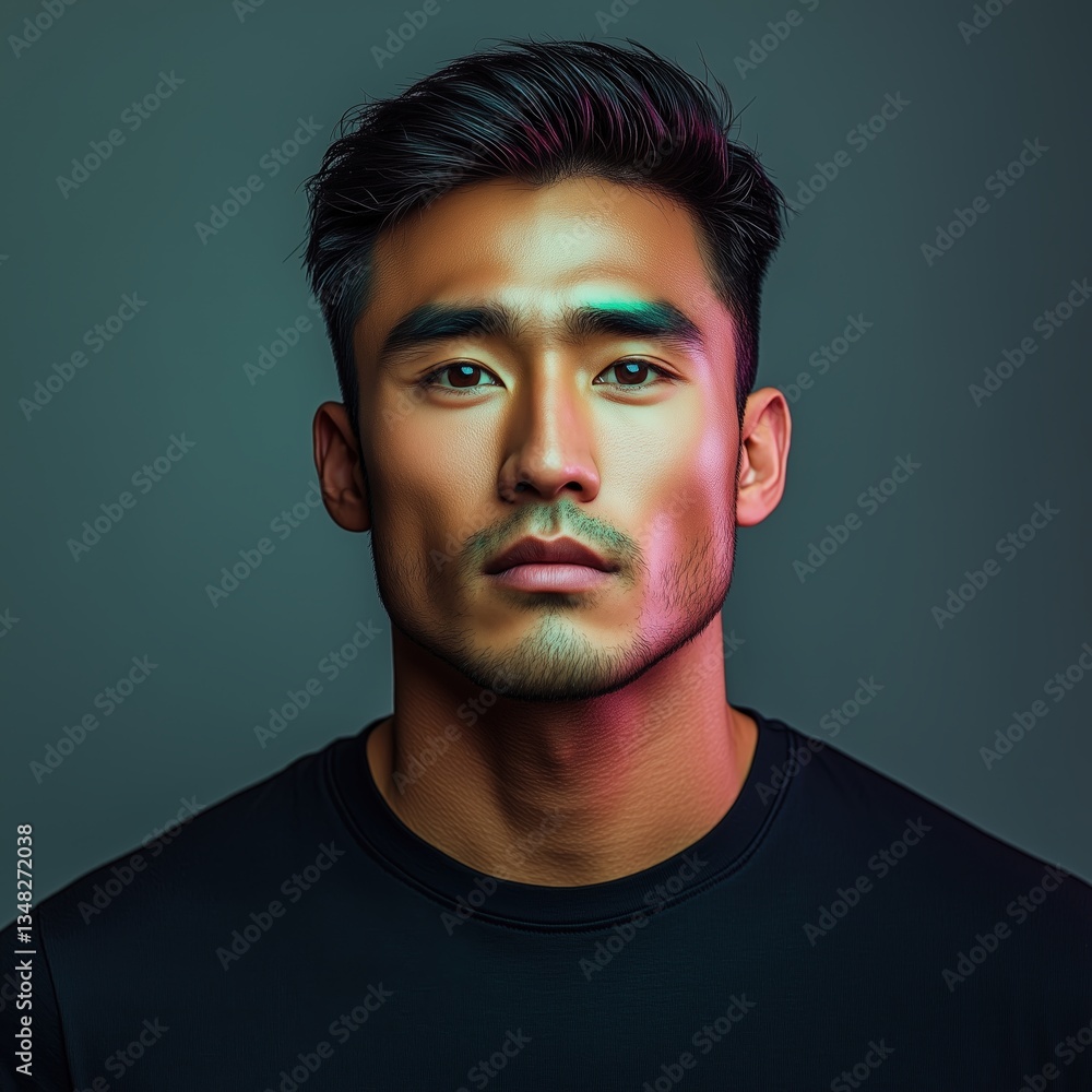 Poster focused portrait: young man with thoughtful expression dark hair and sharp features illuminated by a