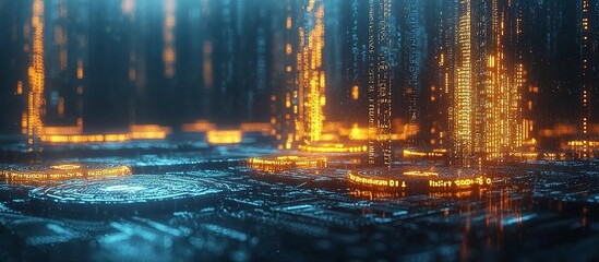 Fototapeta premium Glowing computer data columns and circles generate an abstract digital world