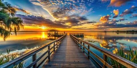 Lake Toho Fishing Jetty Sunrise, Florida Landscape Photography, Kissimmee,  Scenic Pier,  Peaceful Waterscape