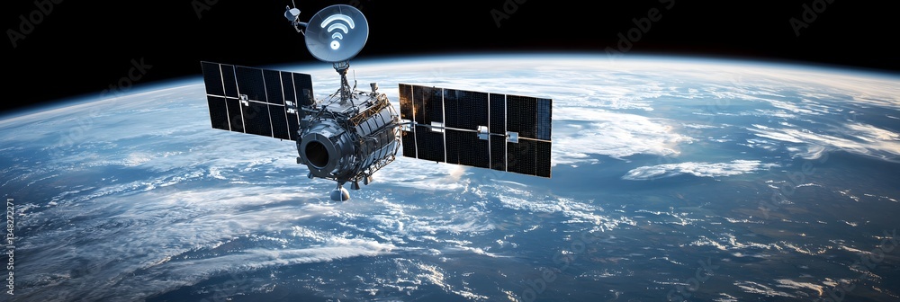 Aufkleber a satellite in orbit equipped with solar panels and communication antennas transmitting data and sig
