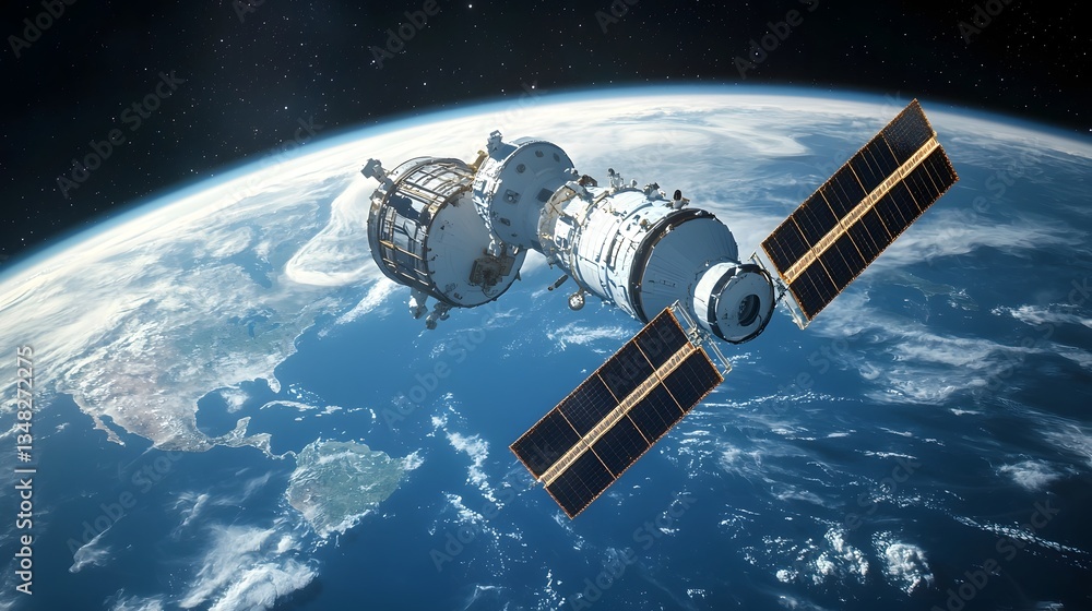 Fototapete A satellite in Earth s orbit using advanced radar technology to scan and study the planet s atmosphere creating a striking cosmic visual effect against the backdrop of the Earth and space