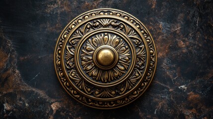 Obraz premium Ornate Antique Brass Medallion on Dark Marble Background