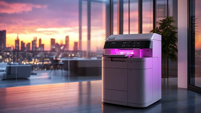 Modern printer technology in office with vibrant sunset city view, showcasing sleek design and innovative interior aesthetics.