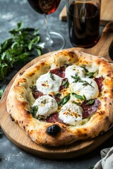 Savory pizza topped with creamy mozzarella and leafy greens beside wine