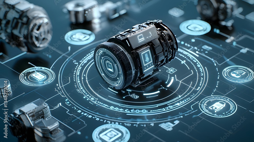 Leinwandbilder a sleek and advanced electric motor floating amidst a digital dashboard displaying various zero emis