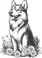 Naklejka premium Siberian husky dog portrait surrounded by flowers artistic illustration nature close-up enthusiastic expression