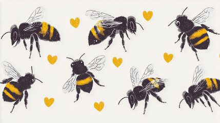 A collection of playful bee illustrations with heart-shaped dotted line accents, isolated on a white background